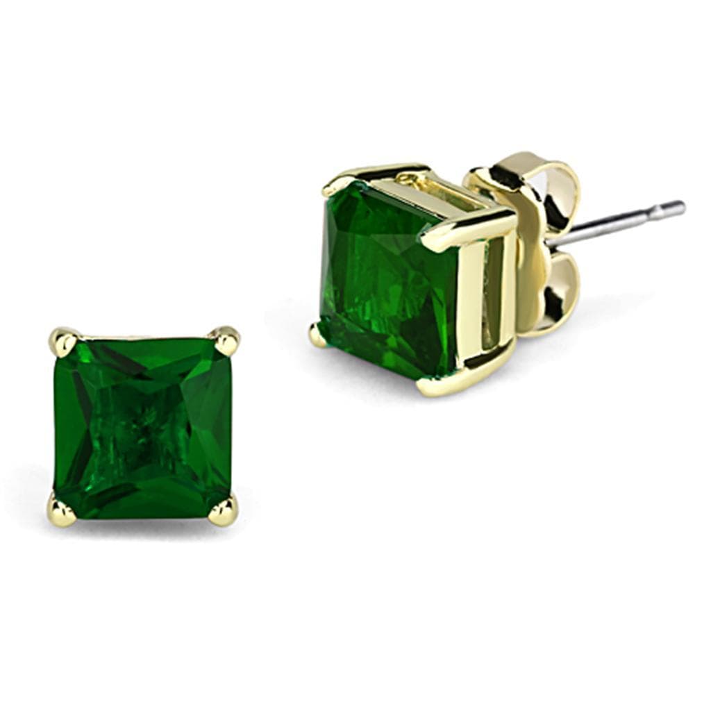 Brass Gold Emerald CZ Princess Prong Stud Earrings