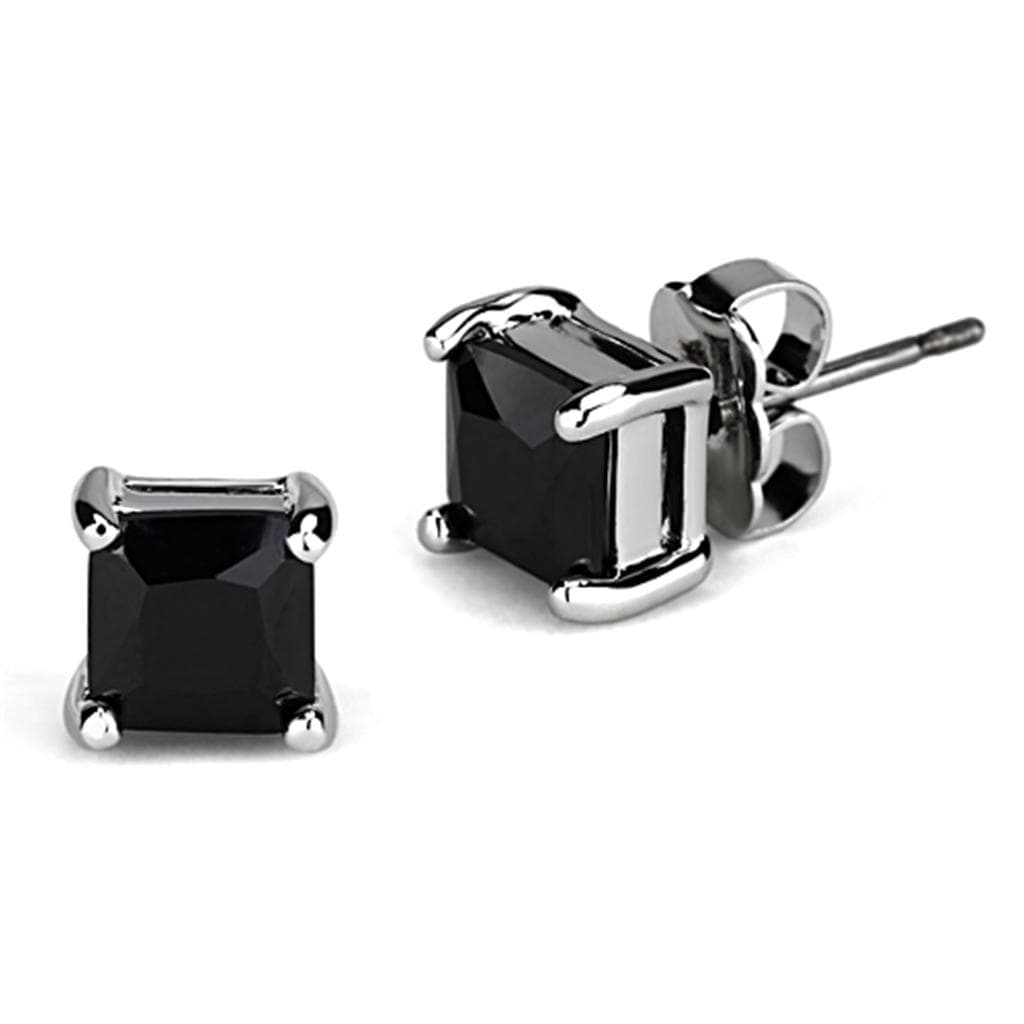 Brass Black CZ Princess Cut Prong Stud Earrings
