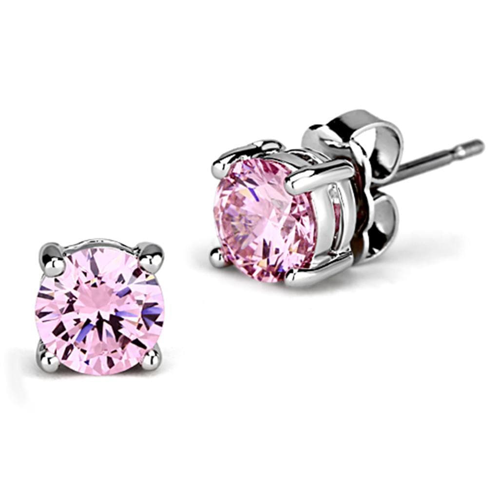 Brass Pink CZ Round Prong Stud Small Earrings