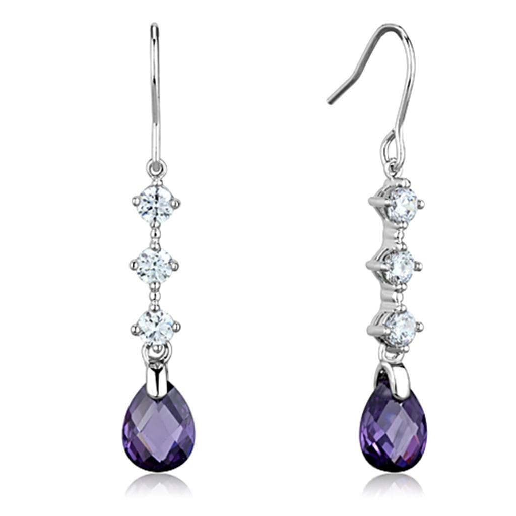 Brass Purple CZ Pear Flower Cluster Dangle Earrings