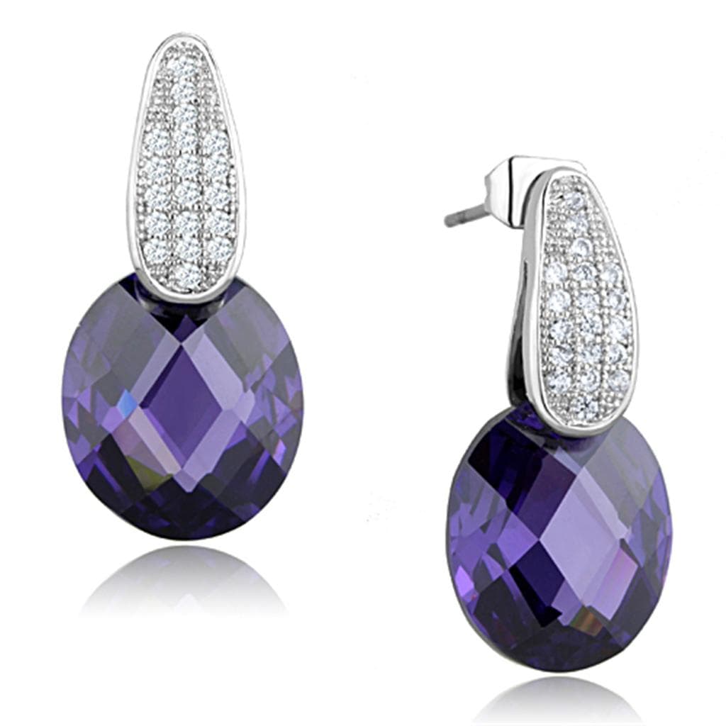 Brass Purple CZ Pear Pave Huggie Drop Earrings