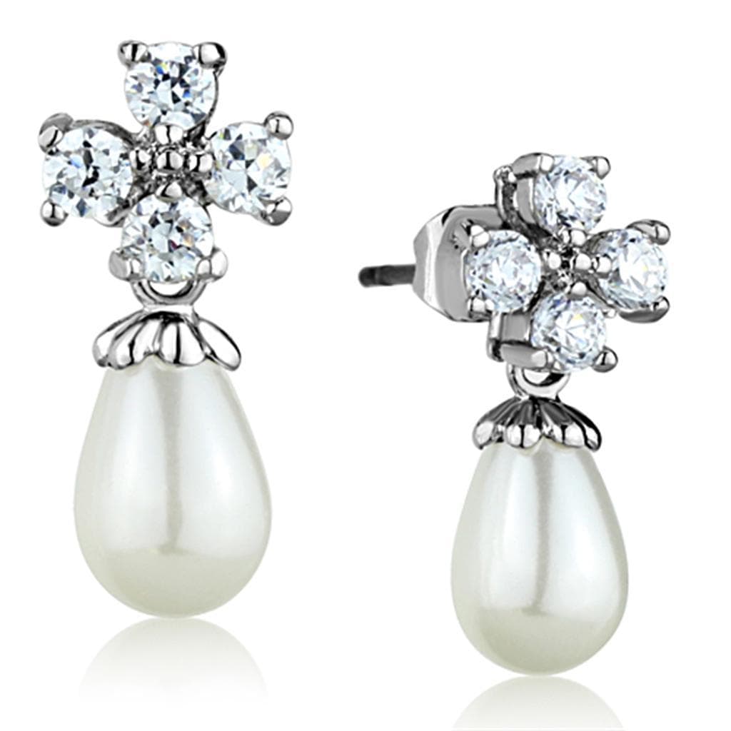 Brass CZ Flower Cross Pearl Teardrop Drop Earrings