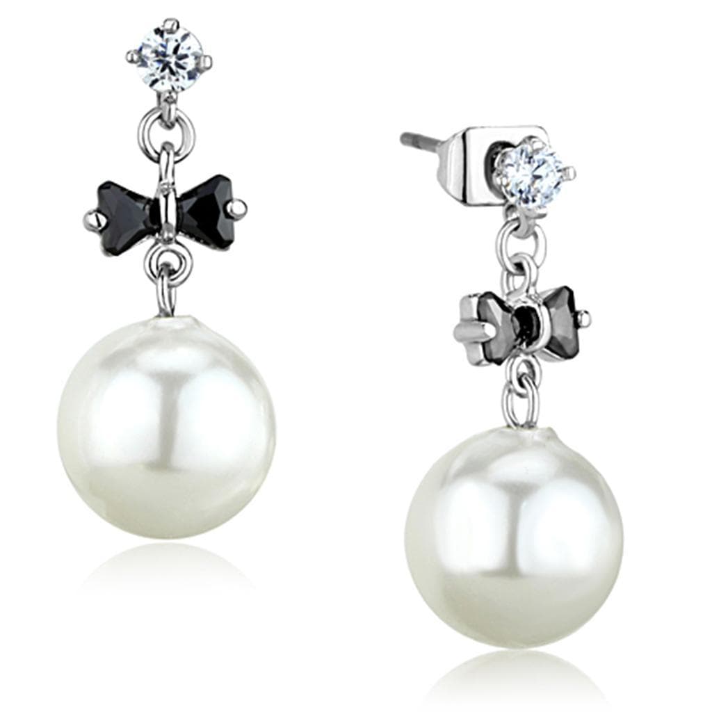 Brass Black Bow CZ Pearl Drop Stud Earrings
