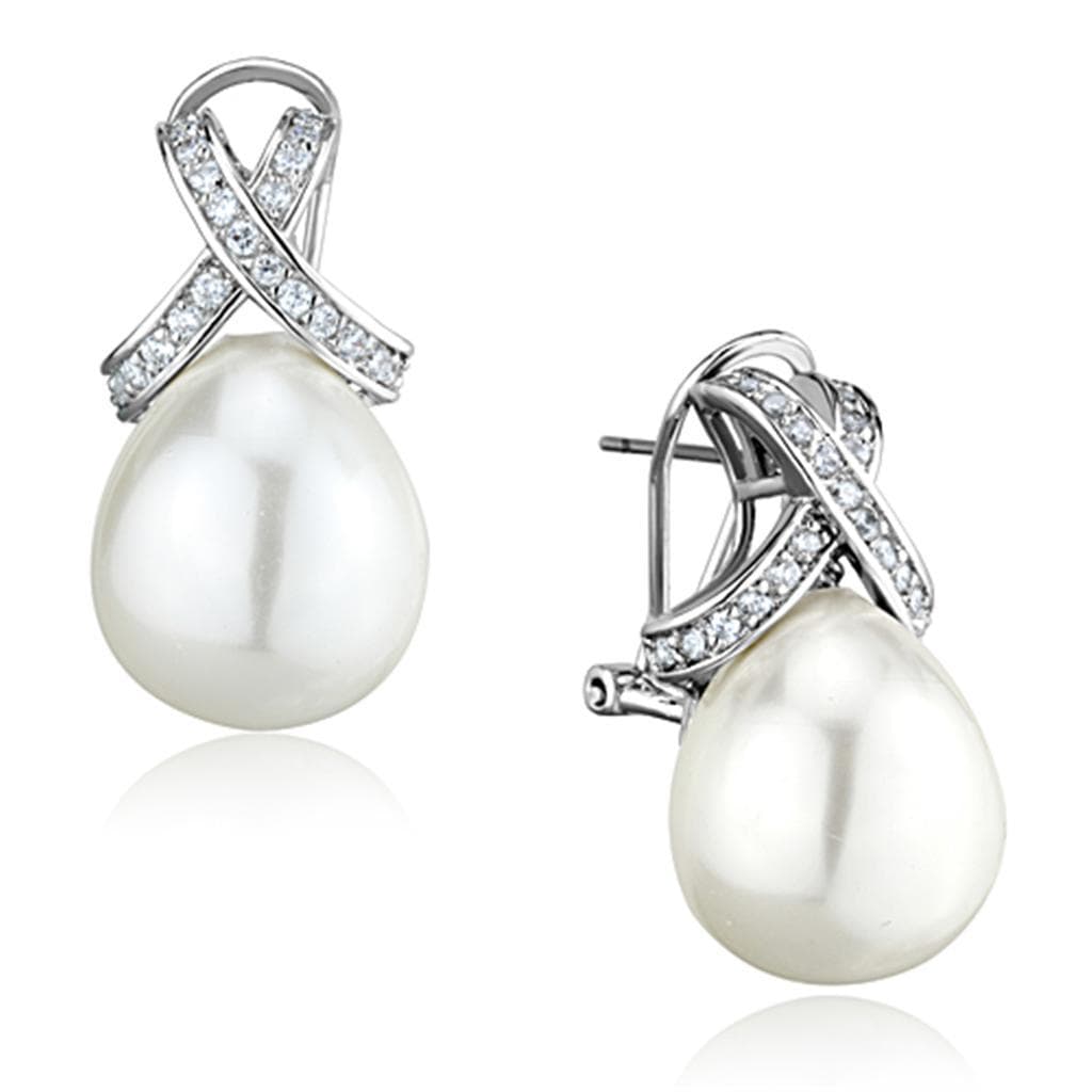 Brass CZ Crossover Pearl Teardrop Stud Earrings