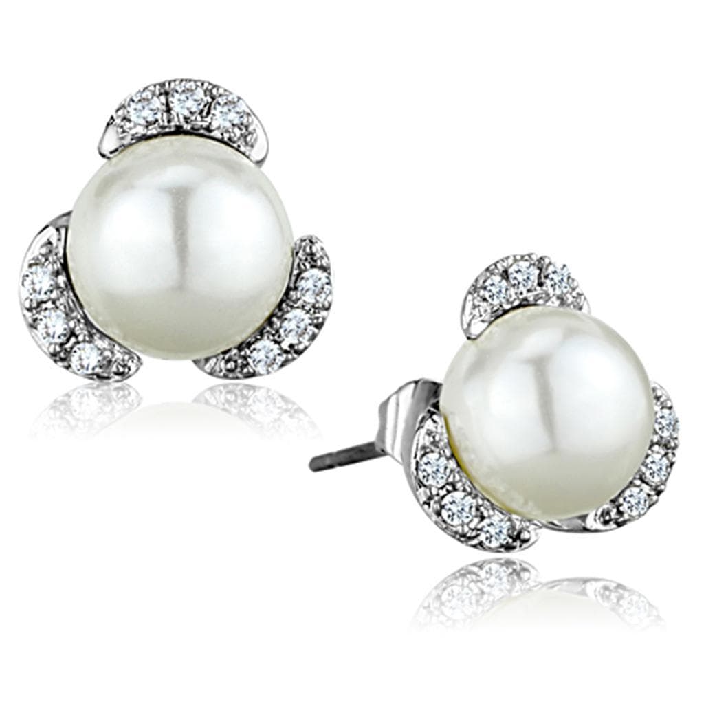 Brass Pearl CZ Crescent Moon Stud Earrings