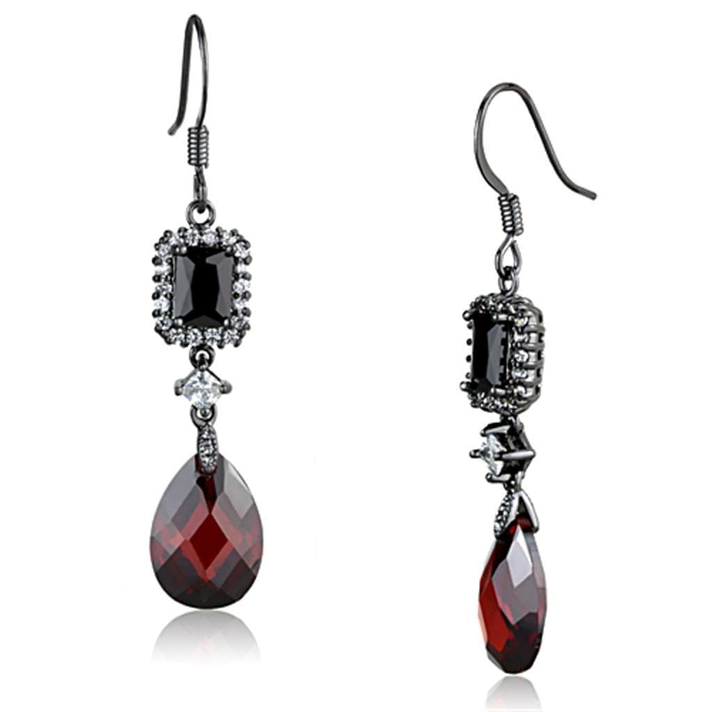 Brass Red CZ Emerald Pear Halo Drop Earrings