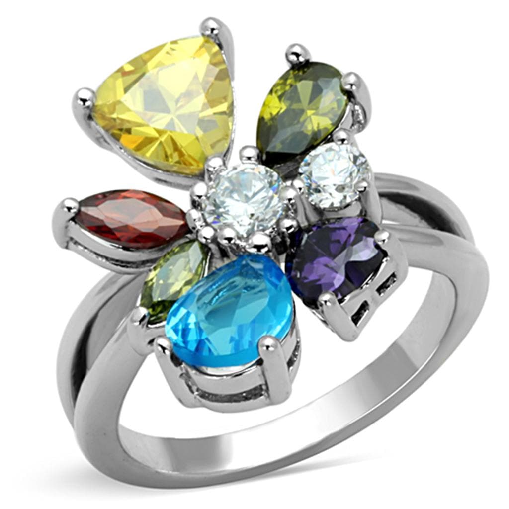 Brass Multicolor CZ Pear Flower Cluster Ring