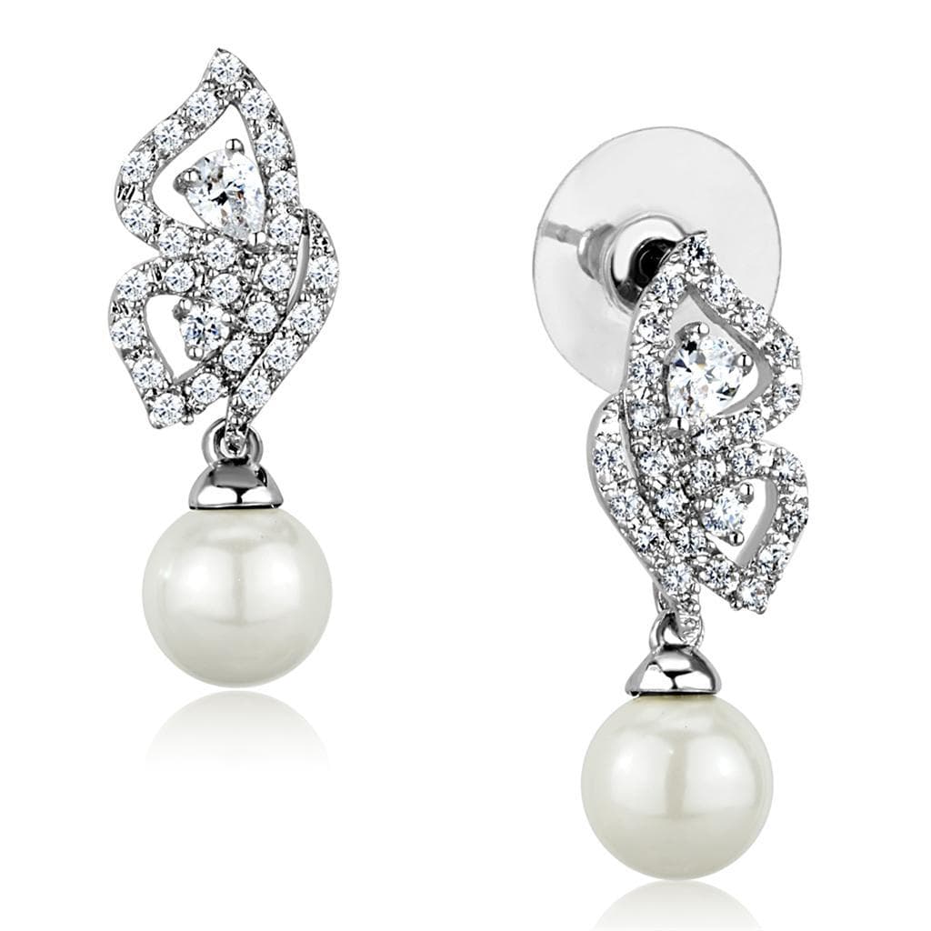 Brass CZ Pave Leaf Swirl Pearl Drop Stud Earrings