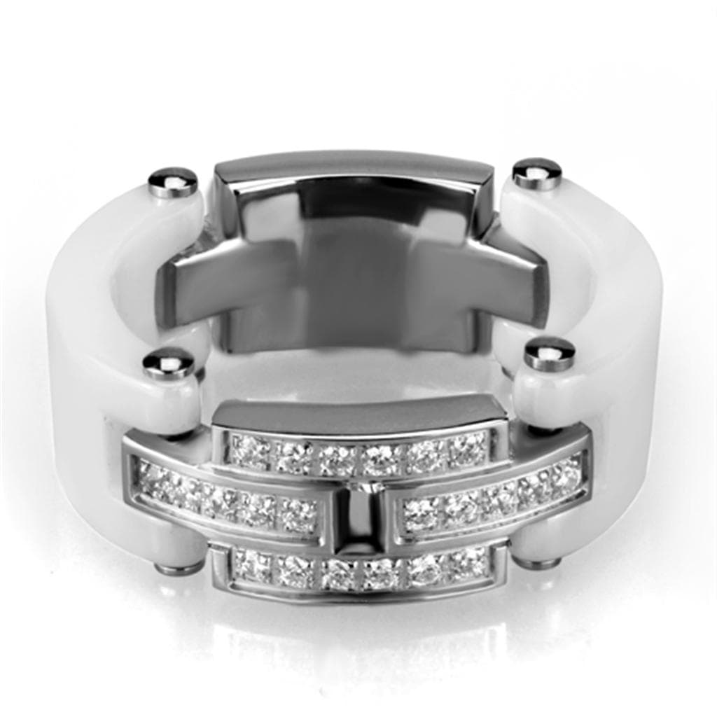 Stainless Steel White Ceramic CZ Accent Ring