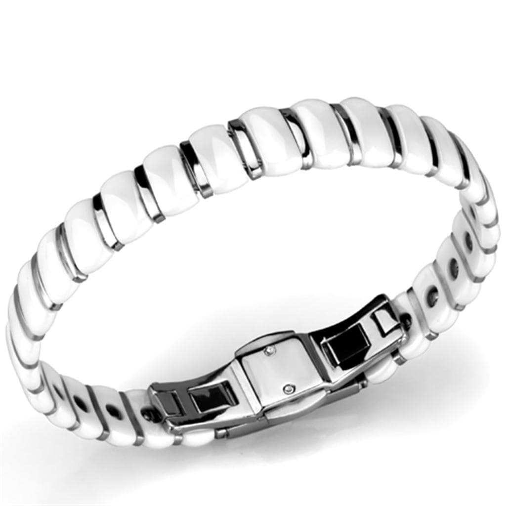 Stainless Steel White Ceramic Silver Wave Link Bracelet