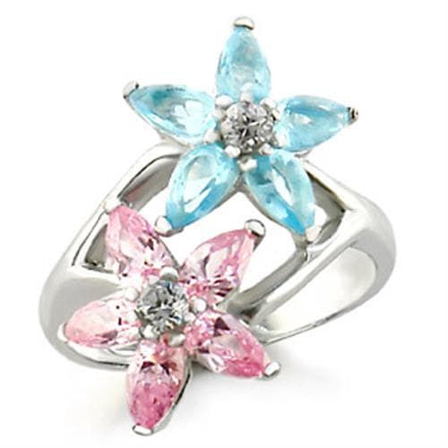 Sterling Silver Pink Blue CZ Marquise Double Flower Cocktail Ring