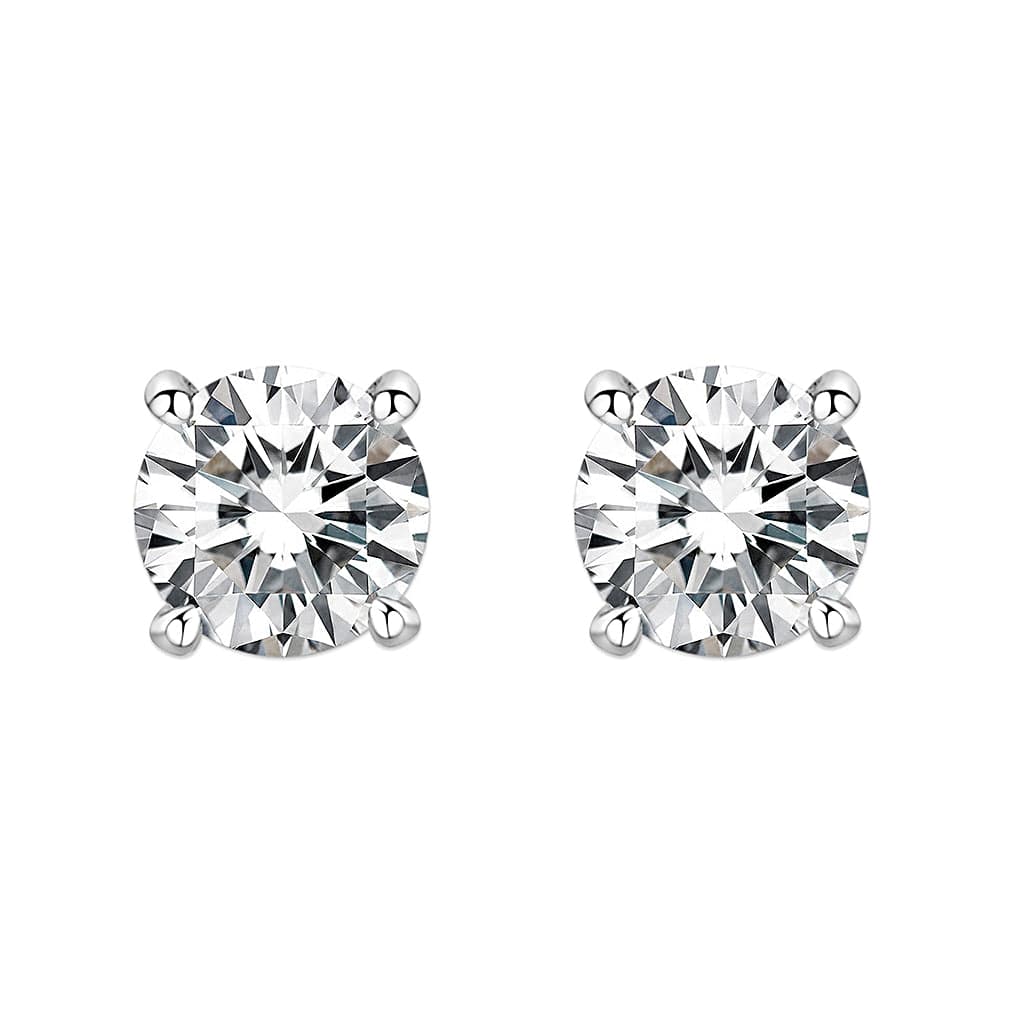 Brass Silver CZ Round Solitaire Stud Earrings