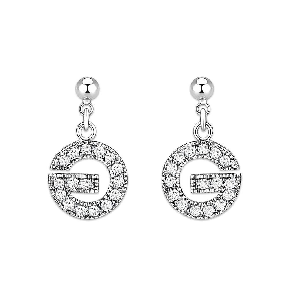 Brass Silver CZ Letter G Circle Pave Drop Earrings
