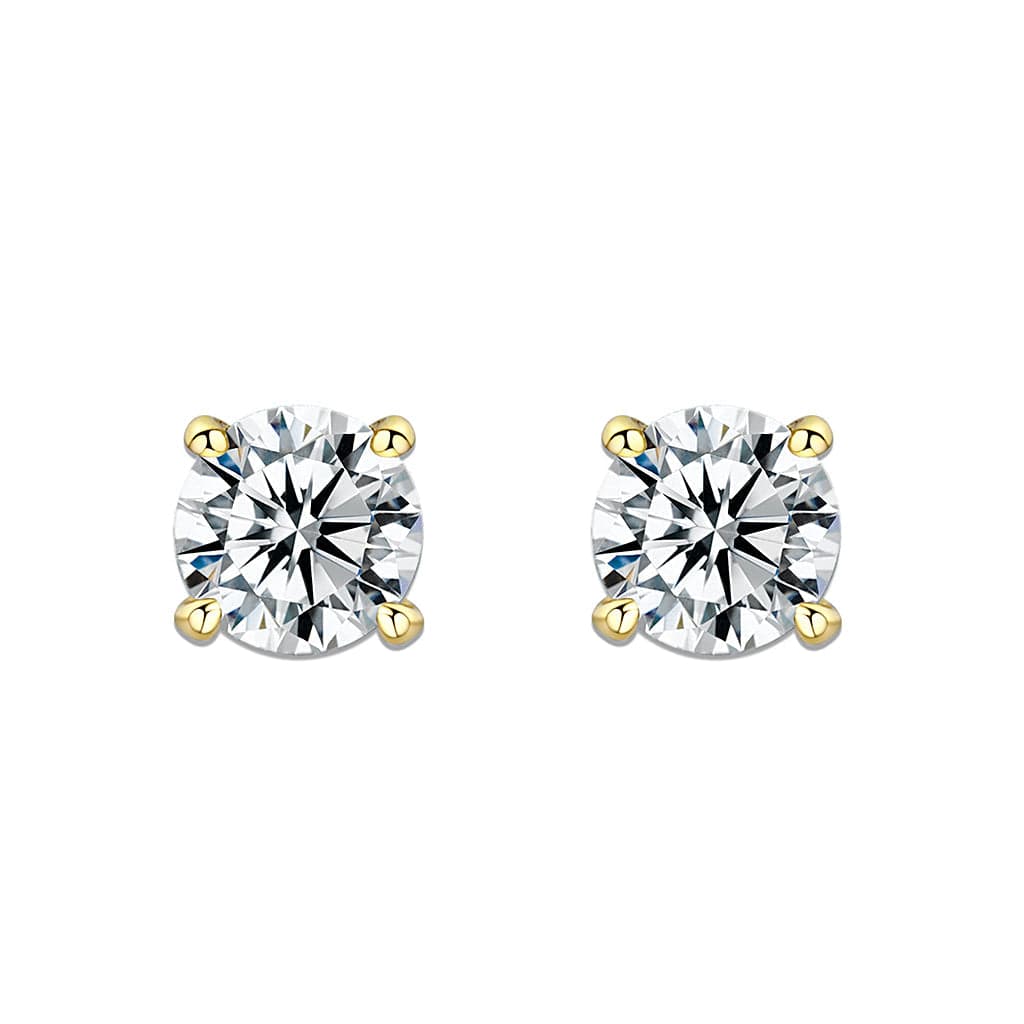 Brass Gold Two Tone CZ Round Solitaire Stud Earrings
