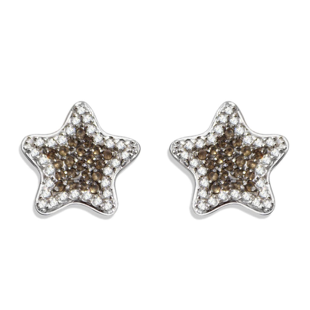 Sterling Silver Brown Champagne CZ Star Pave Stud Earrings