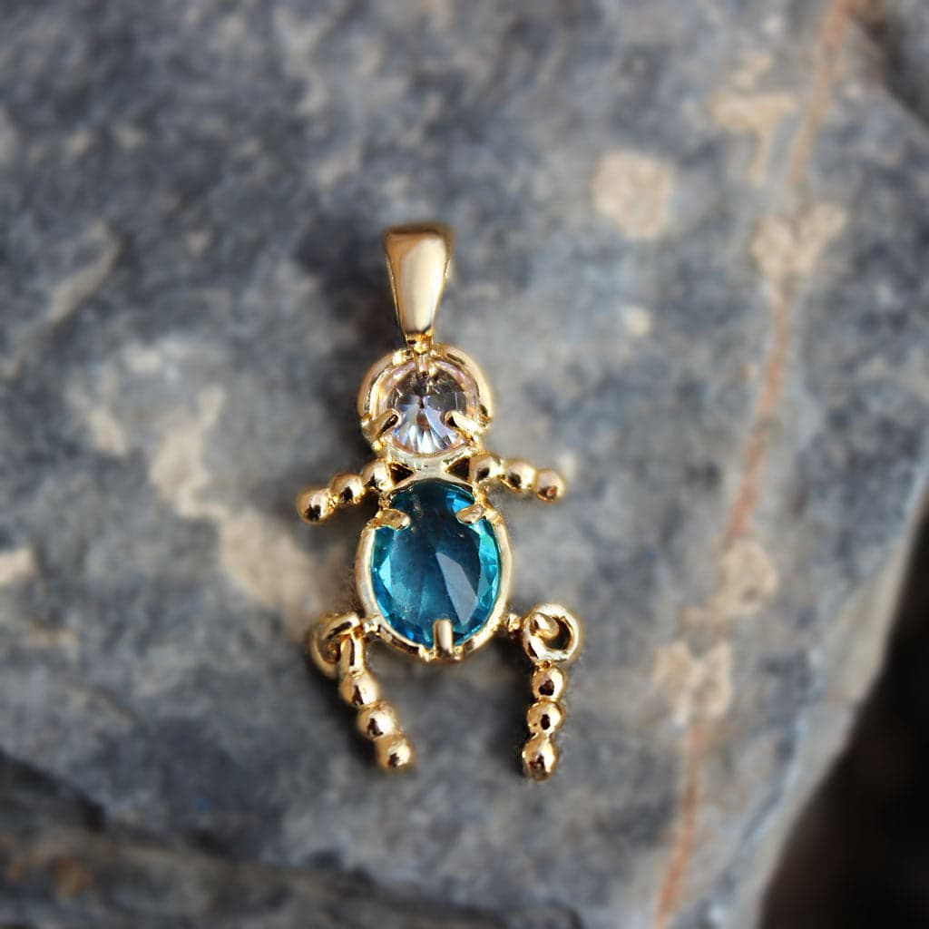 Brass Gold Blue Teal CZ Stick Figure Charm Pendant