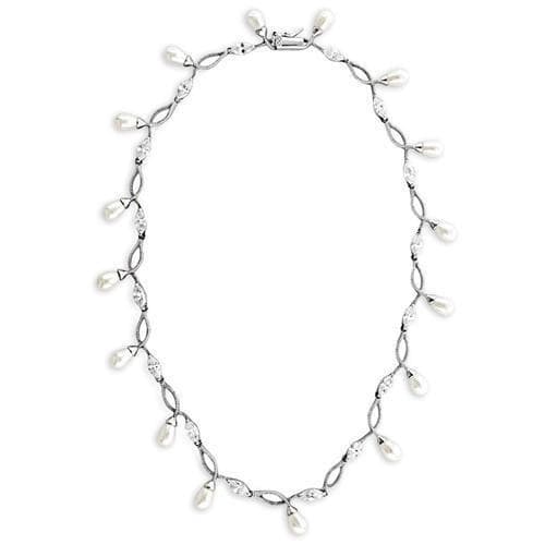 Sterling SilverPearl CZ Vine Drop Station Necklace