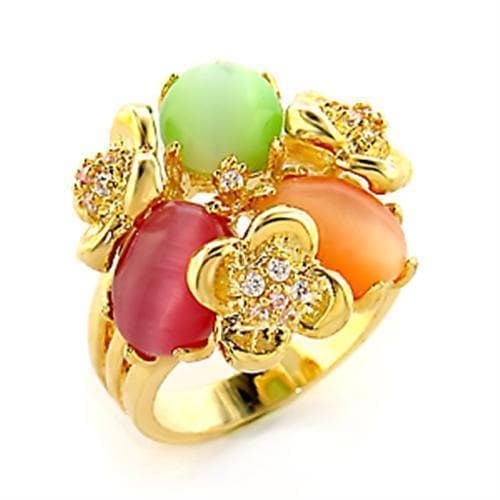 Brass Gold Multi Cat Eye Flower Cluster Ring