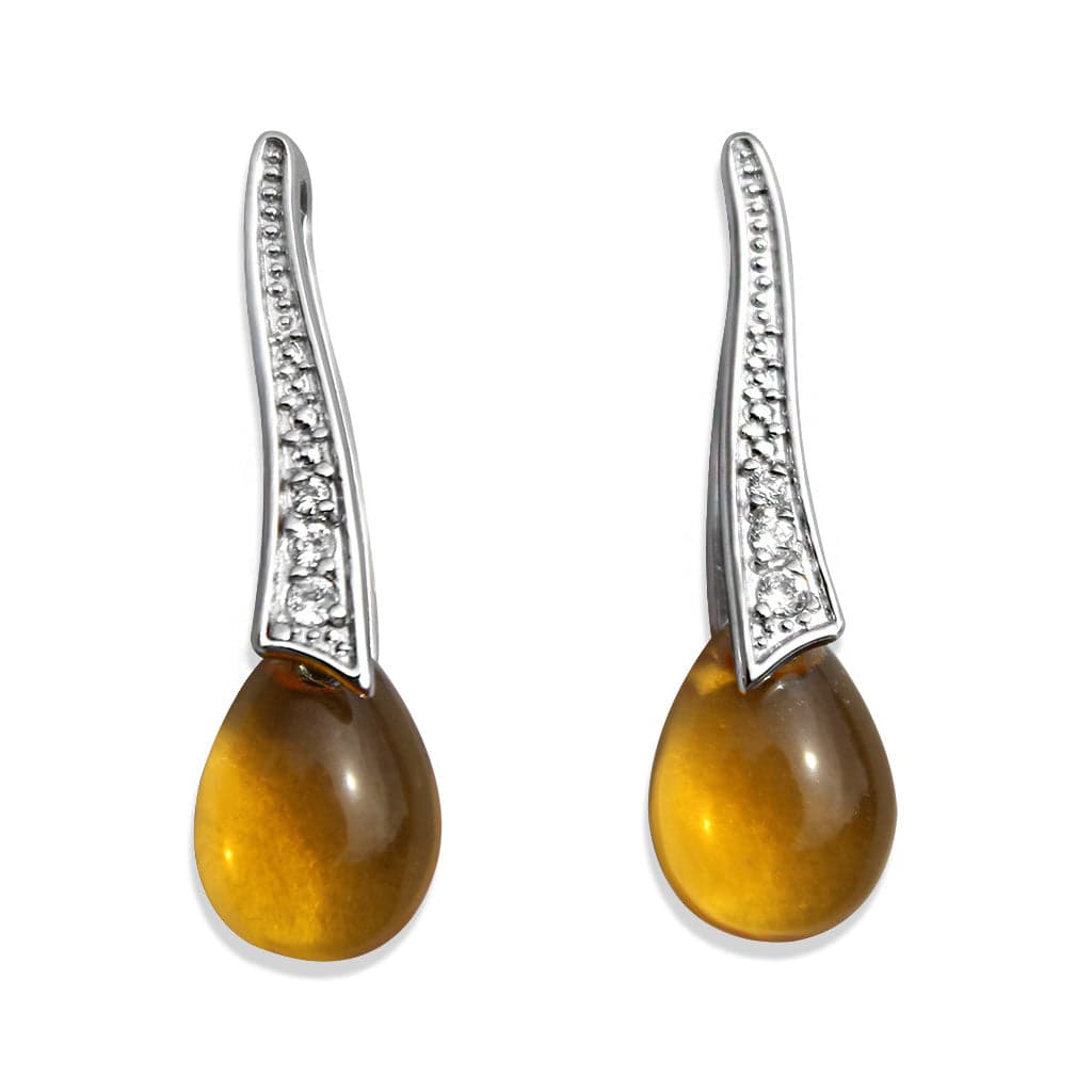 Sterling Silver Amber Teardrop CZ Curved Drop Earrings