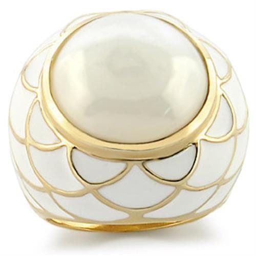 Brass Gold Pearl White Enamel Scallop Dome Ring