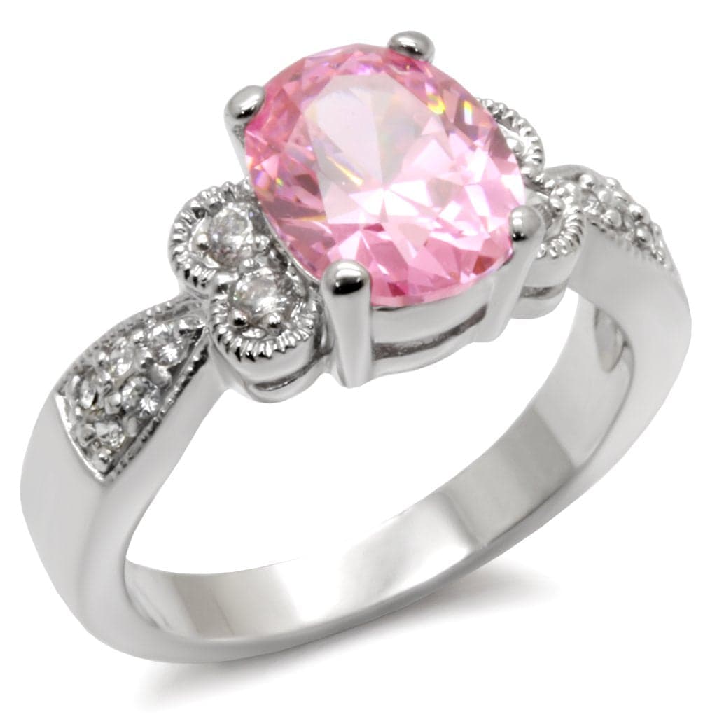 Sterling Silver Pink CZ Oval Pave Bow Accent Solitaire Ring