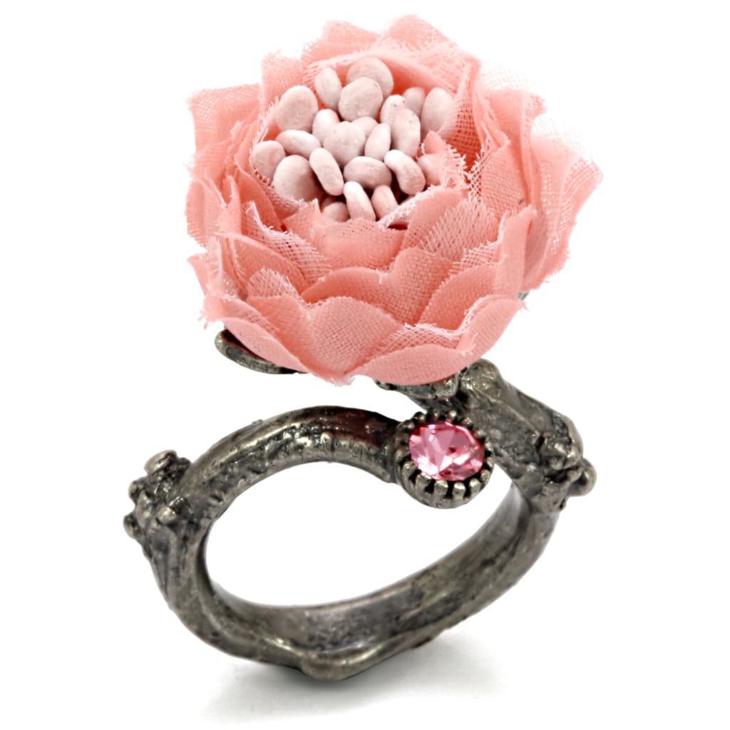 Brass Antique Gold Pink Fabric Peony Flower Cocktail Ring