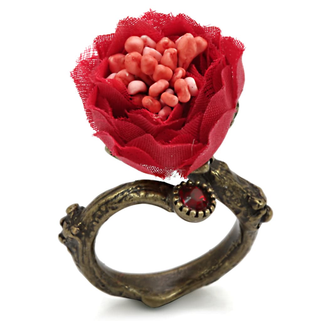 Brass Antique Gold Red Coral Peony Flower Cocktail Ring