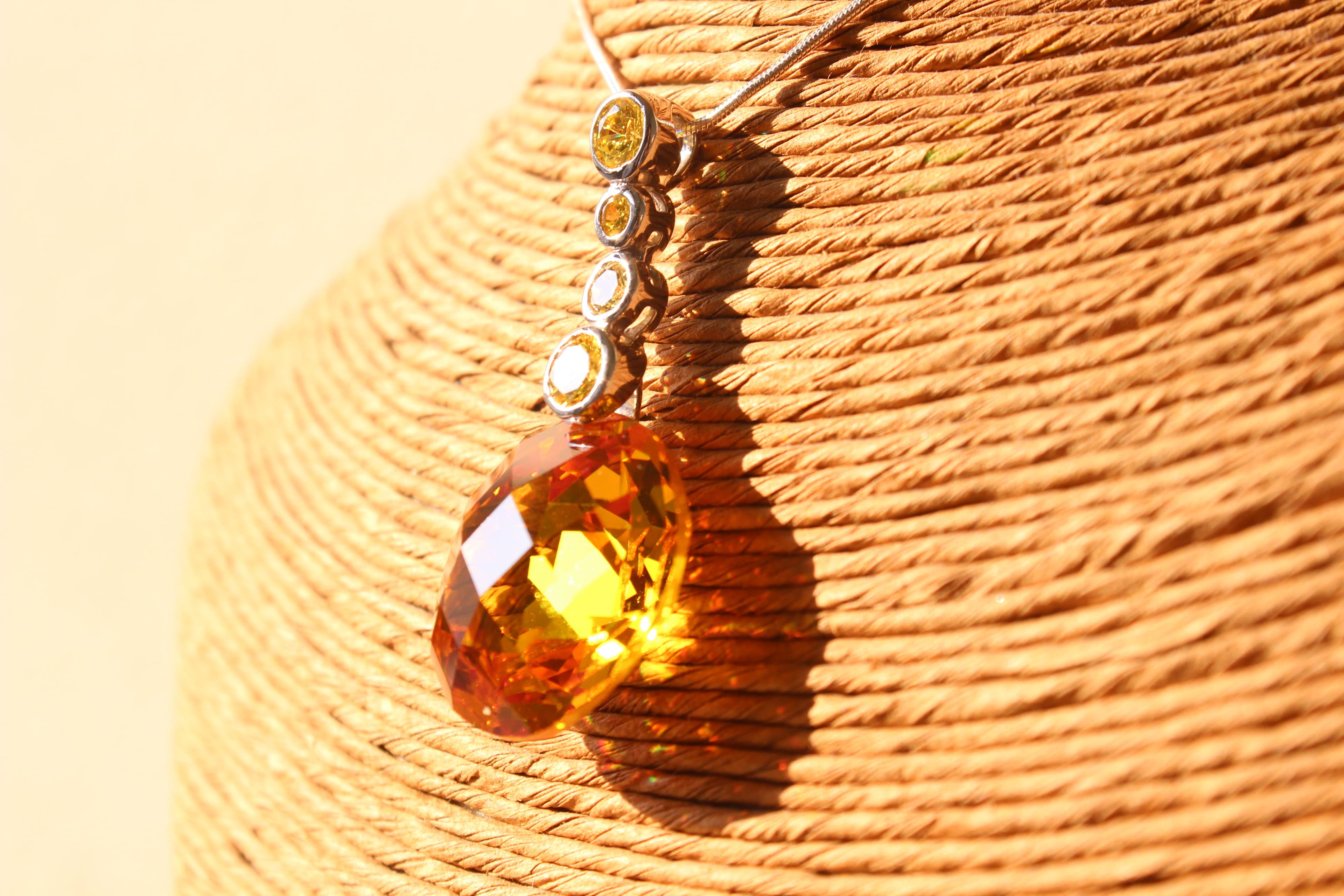 Sterling Silver Gold Orange CZ Pear Drop Pendant Necklace