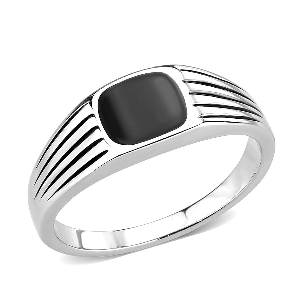 Stainless Steel Silver Black Onyx Rectangle Ribbed Mens Ring
