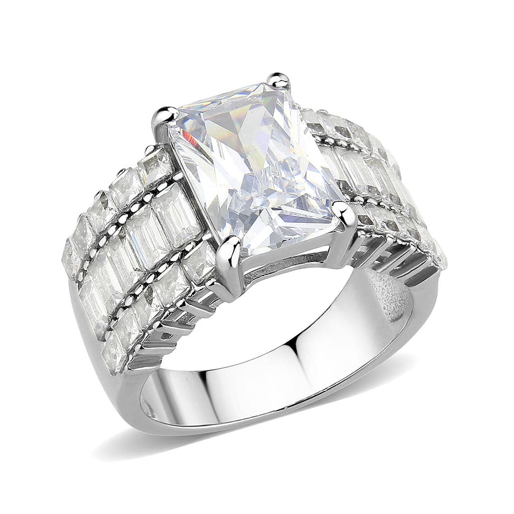 Stainless Steel Silver CZ Princess Baguette Wide Cocktail Ring