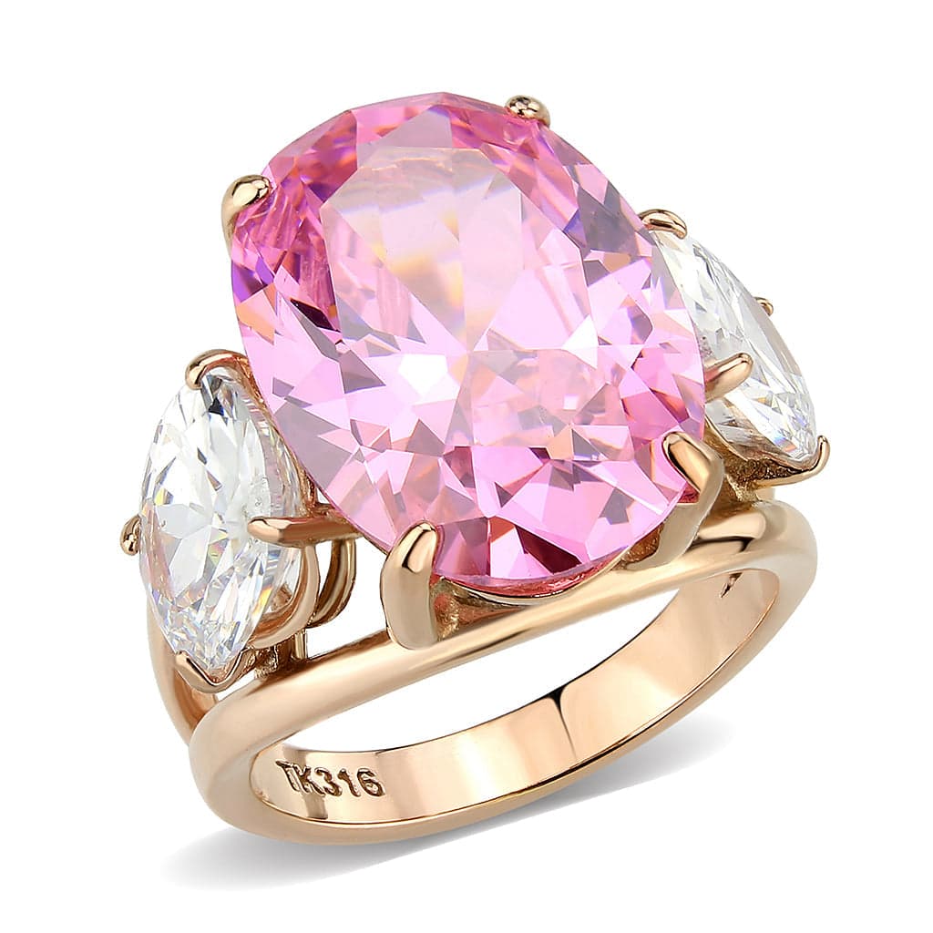 Stainless Steel Rose Gold IP Pink CZ Oval Pear Three Stone Ring
