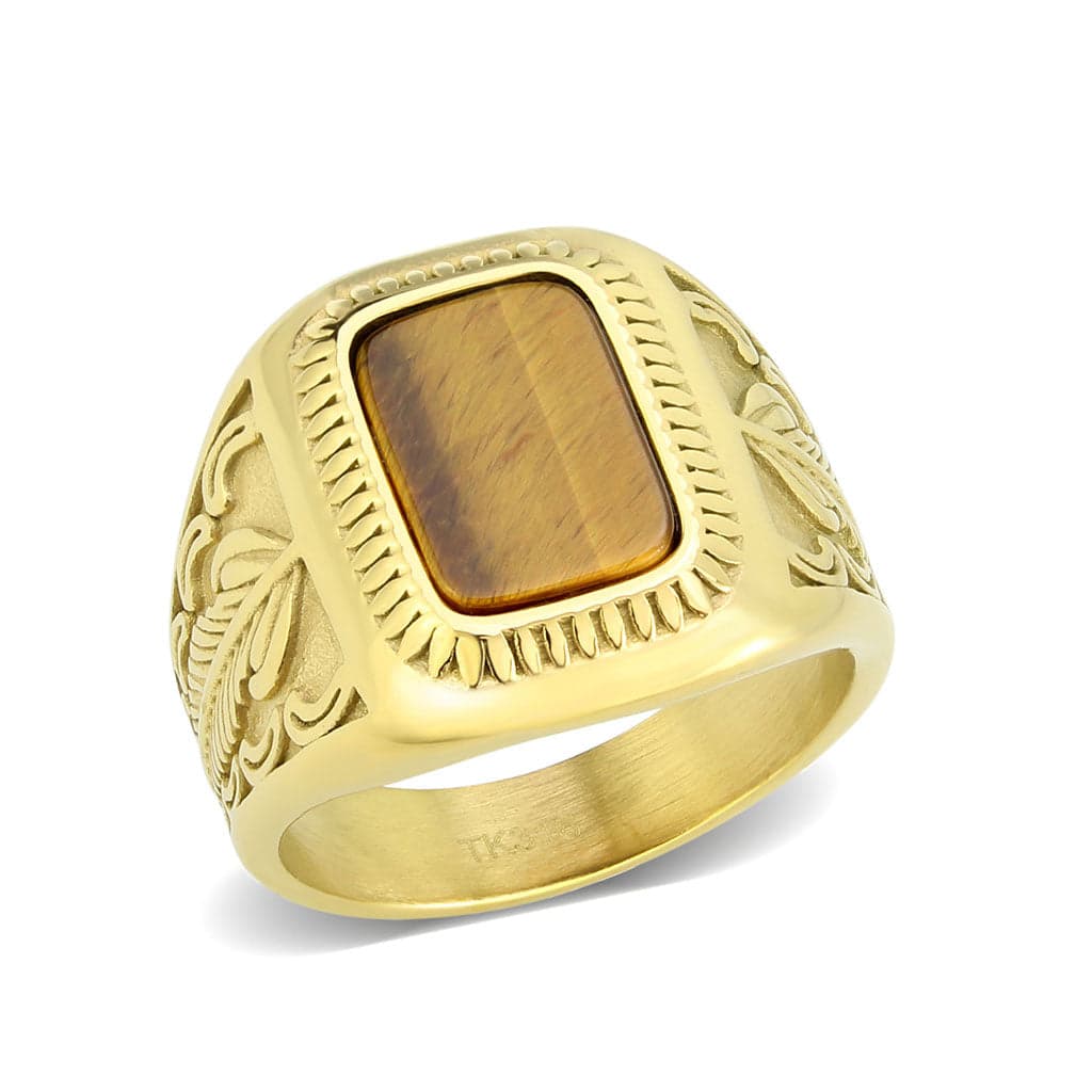 Stainless Steel Gold IP Tiger Eye Rectangle Scroll Carved Ring