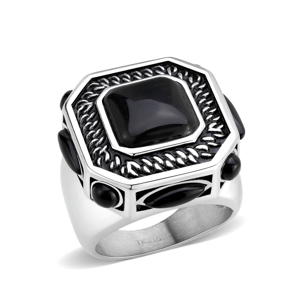 Stainless Steel Silver Black Onyx Emerald Cut Rope Chain Ring