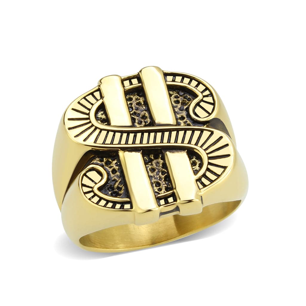 Stainless Steel Gold IP Dollar Sign Carved Aztec Mens Signet Ring