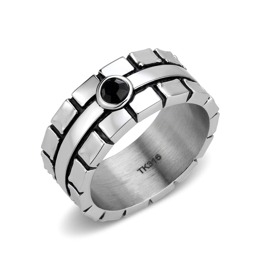 Stainless Steel Silver Black CZ Round Tire Tread Pattern Ring