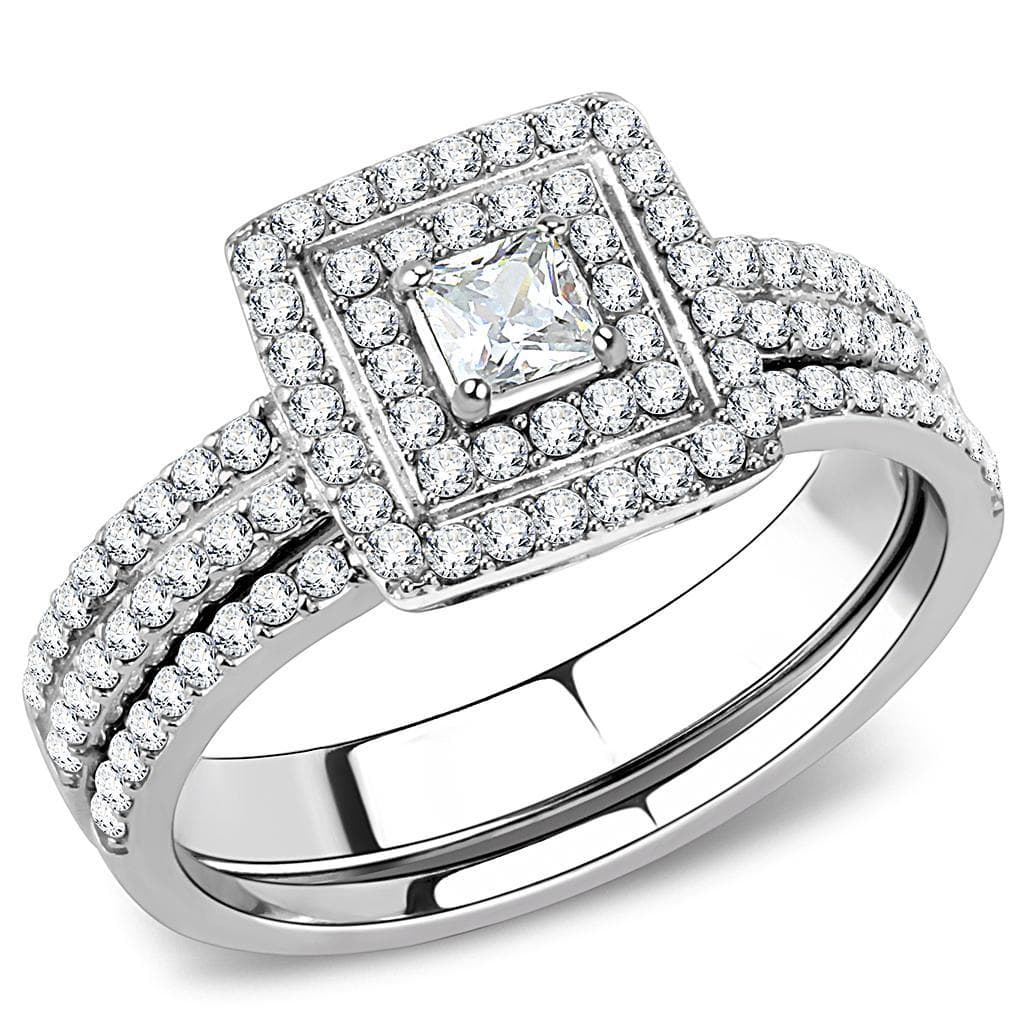 Stainless Steel CZ Princess Cut Double Halo Bridal Set Ring