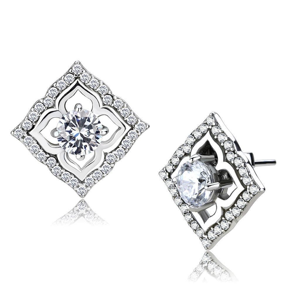 Stainless Steel CZ Diamond Frame Floral Stud Earrings