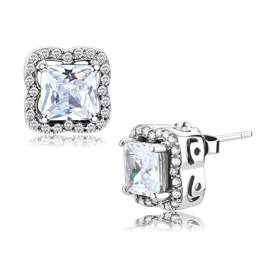 Stainless Steel CZ Princess Cut Square Halo Stud Earrings