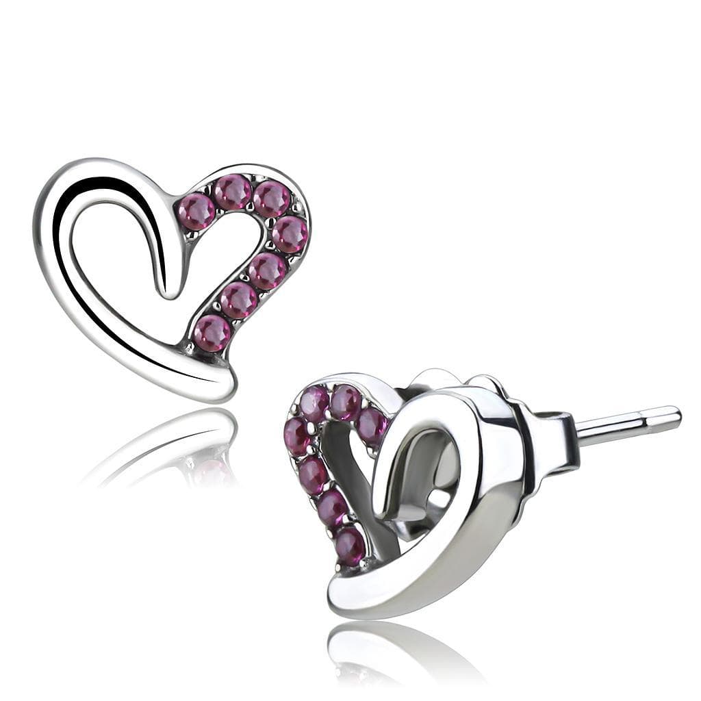 Stainless Steel Pink CZ Open Heart Stud Earrings
