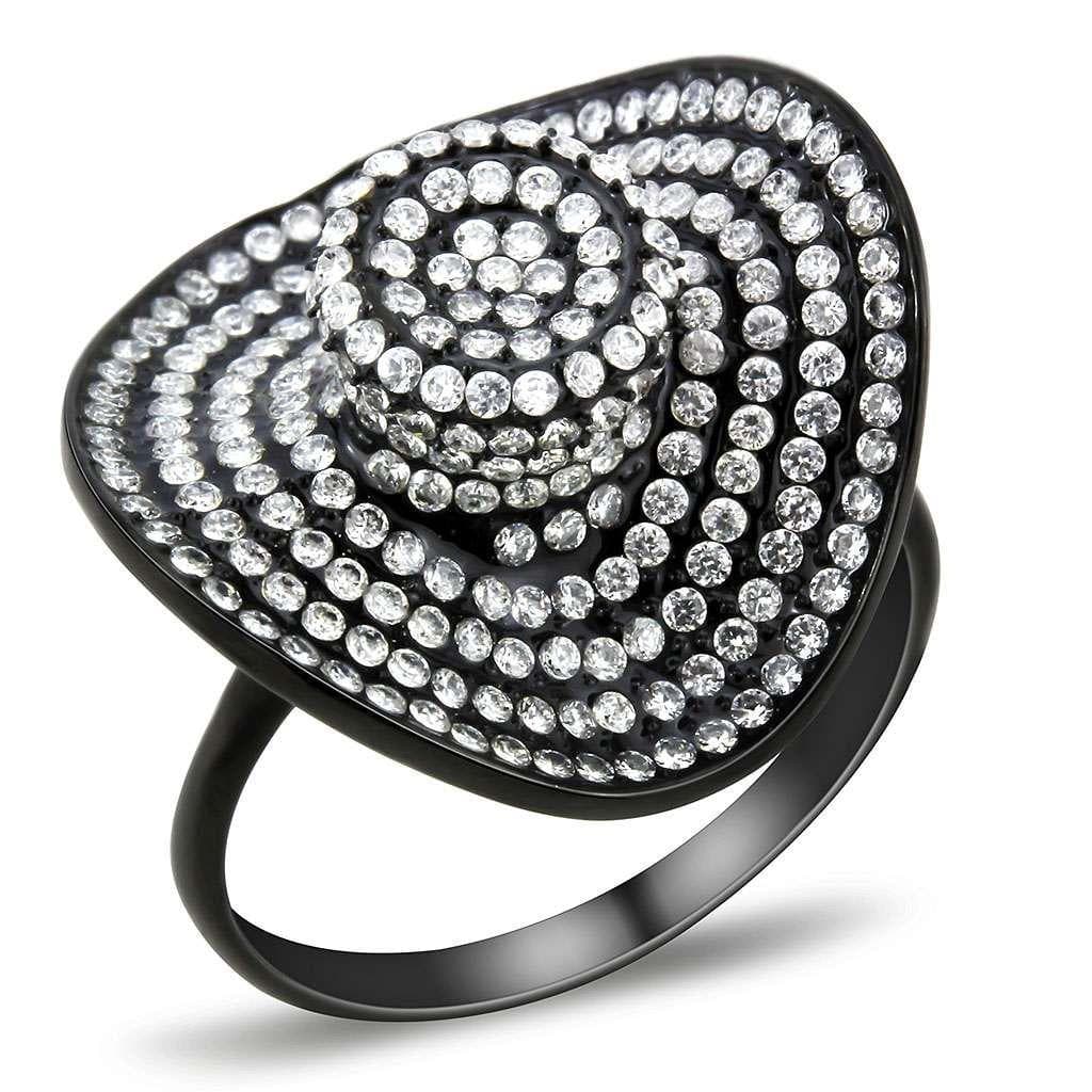 Stainless Steel Black IP CZ Pave Spiral Disc Cocktail Ring