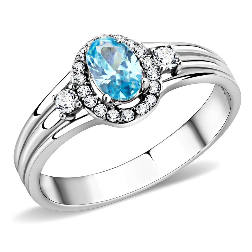 Stainless Steel Blue Topaz Oval Pave Halo Double Band Ring