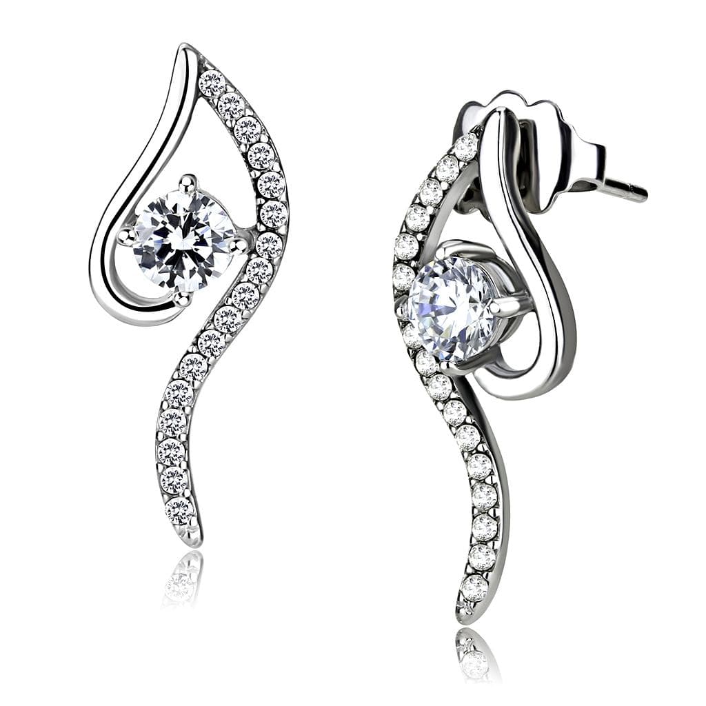 Stainless Steel CZ Round Pave S Wave Climber Studs Earrings