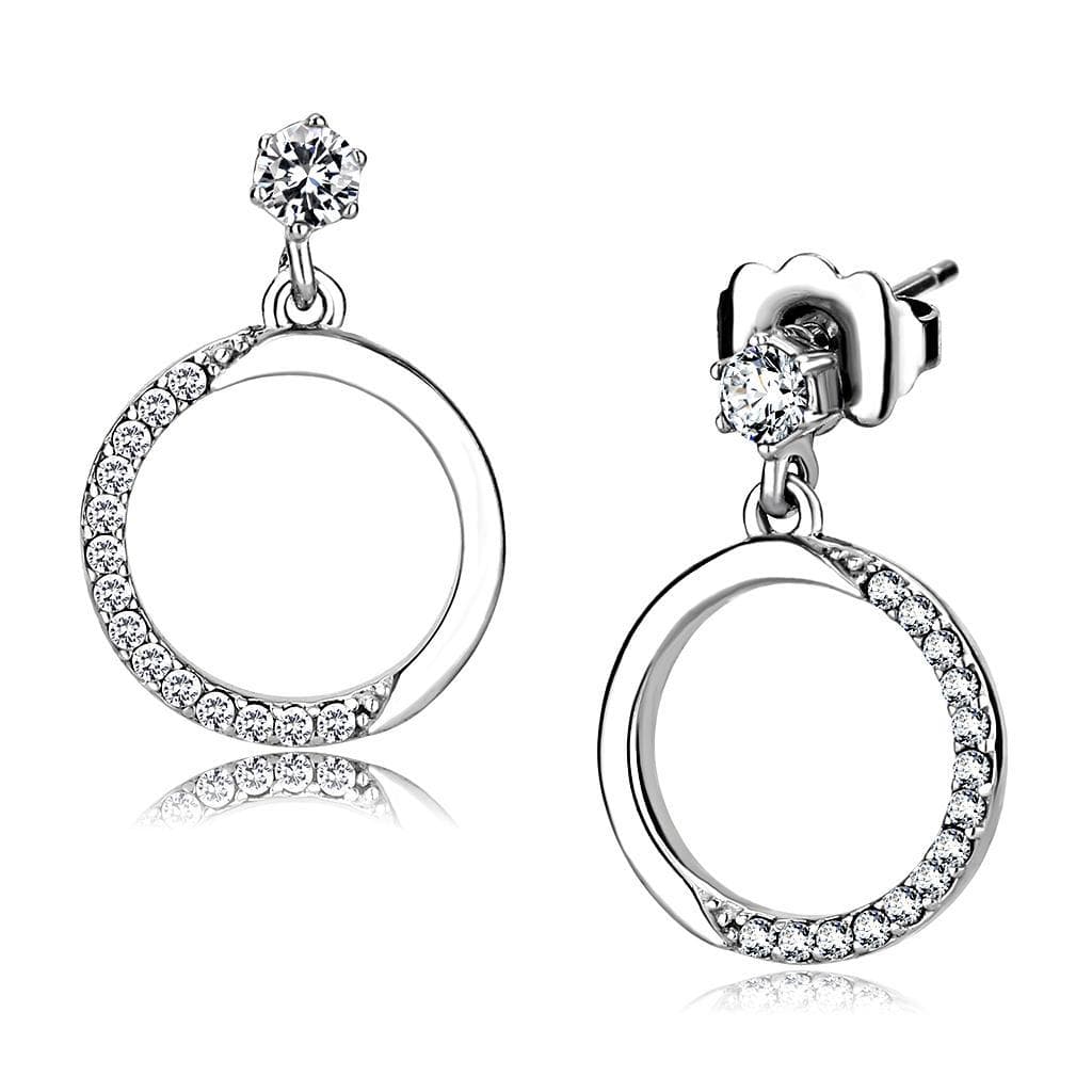 Stainless Steel CZ Round Pave Open Circle Drop Earrings