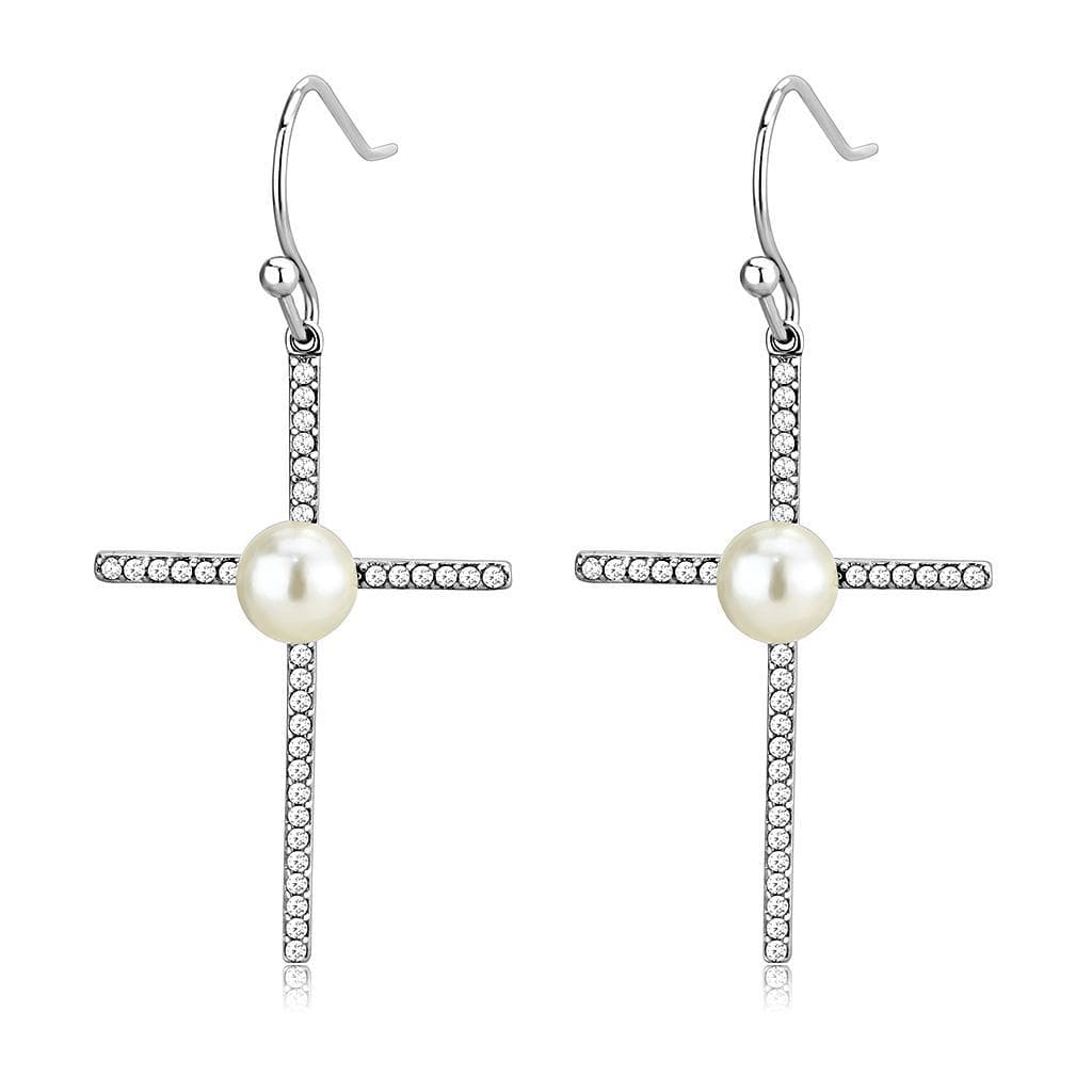 Stainless Steel Pearl CZ Pave Cross Bar Dangle Ring
