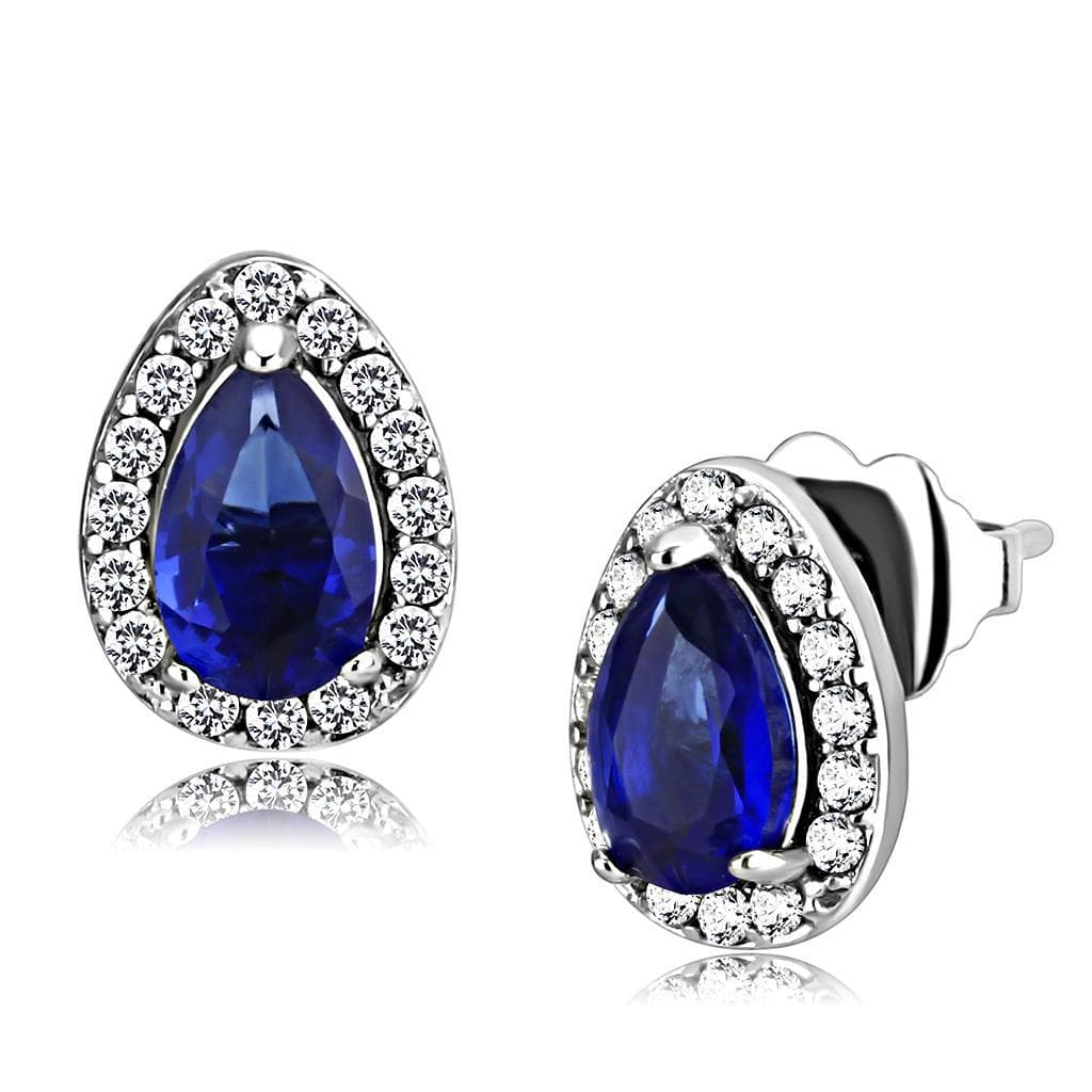 Stainless Steel Blue Sapphire Pear Pave Halo Studs Earrings