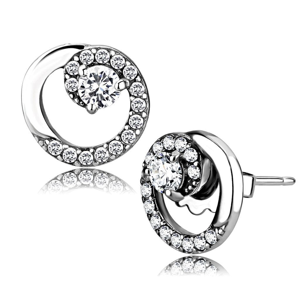 Stainless Steel CZ Round Pave Crescent Moon Circle Studs Earrings