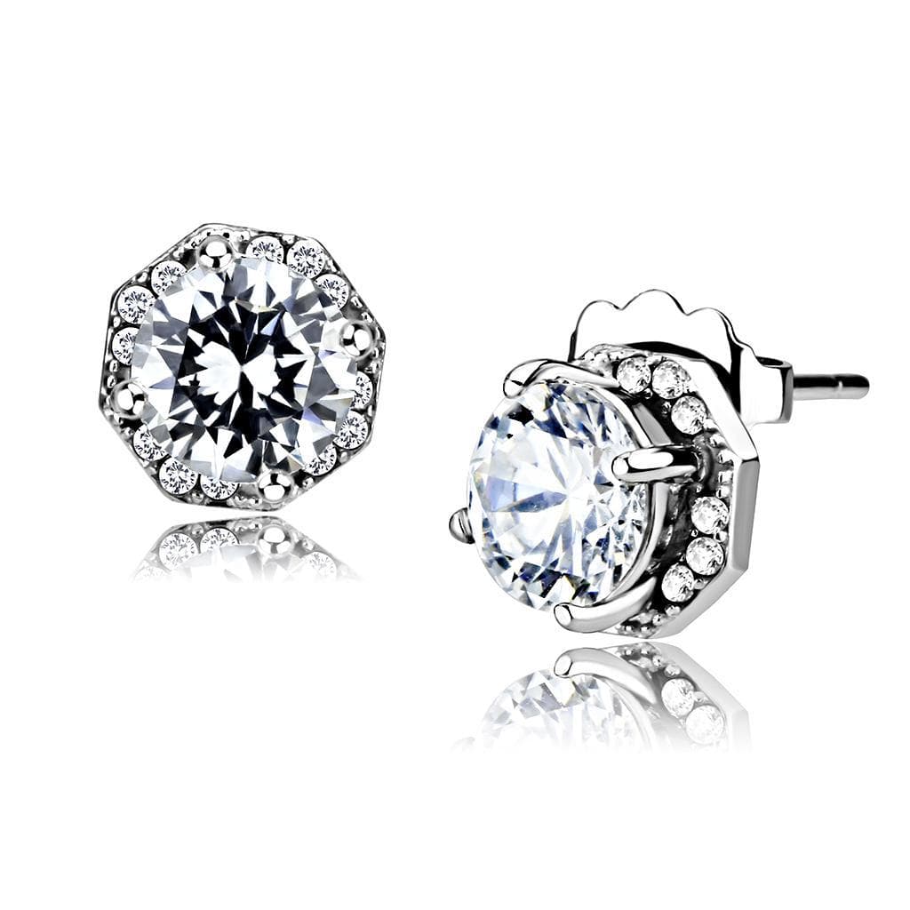 Stainless Steel CZ Round Hexagonal Pave Halo Studs Earrings