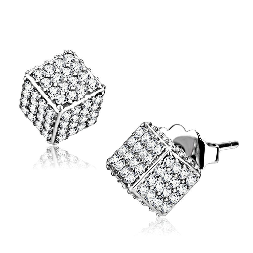 Stainless Steel CZ Pave 3D Cube Box Studs Ring