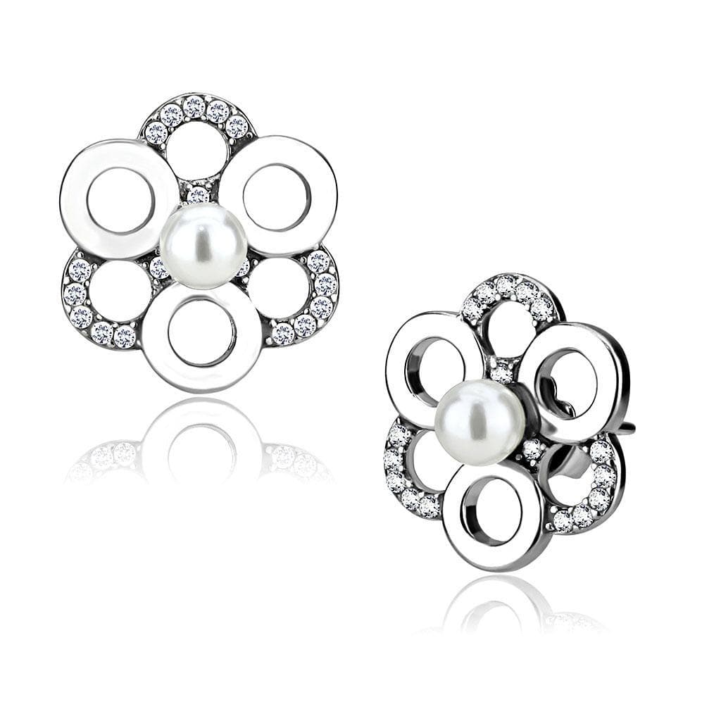 Stainless Steel Pearl CZ Pave Circle Flower Cluster Studs Ring