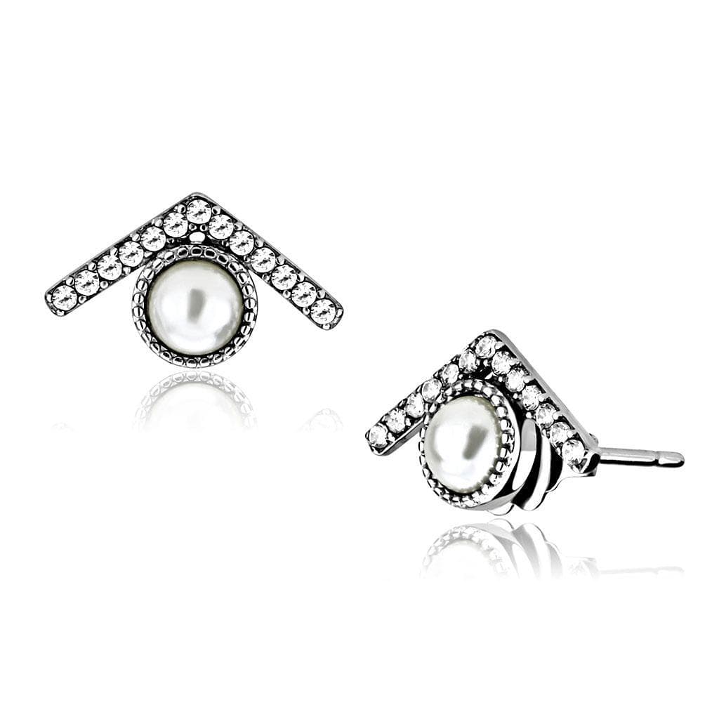 Stainless Steel Pearl CZ Pave Chevron V Frame Studs Earrings